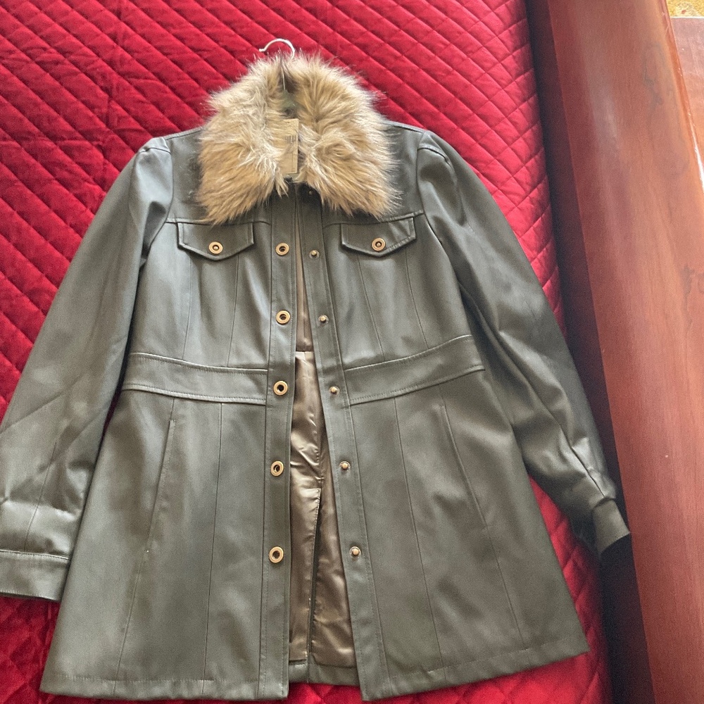 Maeve Vegan Leather Jacket with removable Faux Fur Collar in Olive Green ***NEW*